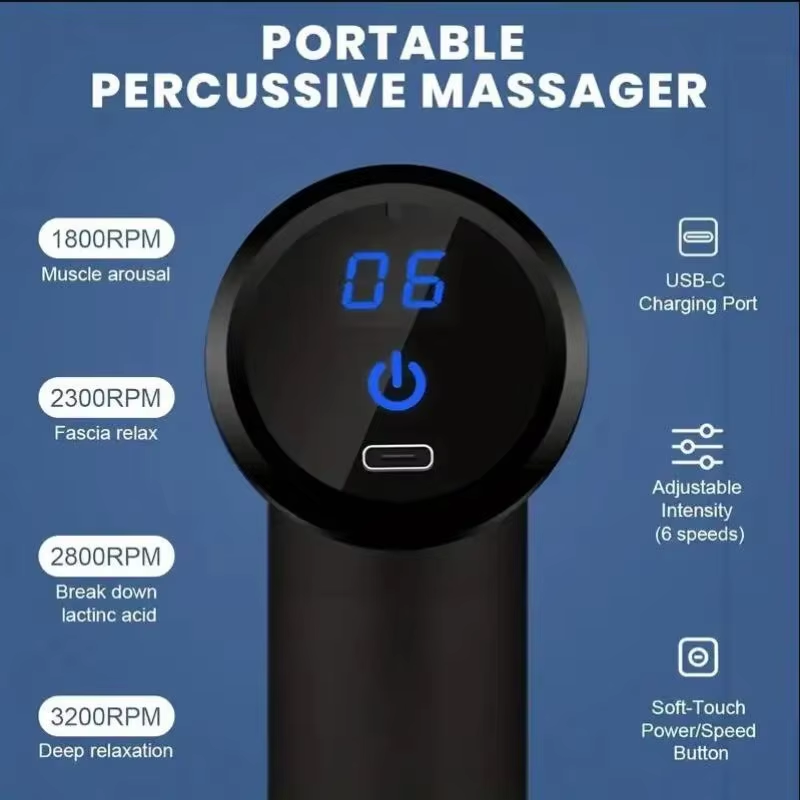 Aparat masaj percutie tip pistol profesional, 6 viteze, 4 capete, LCD touch, 3600 rpm, baterie 1800 mAh, USB-C, masaj muscular profund