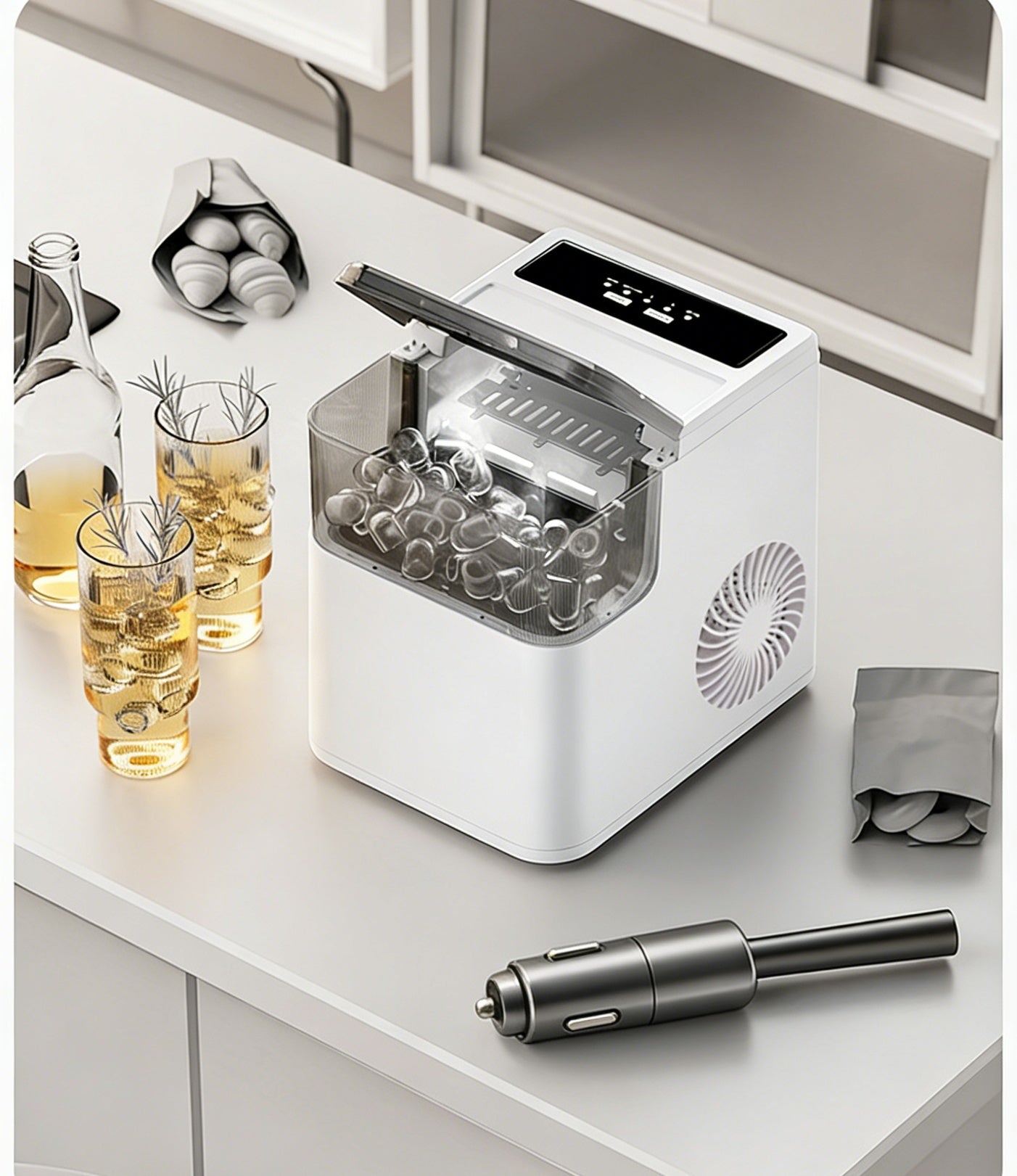 Mașină Automată de Gheață Portabilă 1.6L TOBI TB-966 – Aparat Inteligent pentru Cuburi de Gheață în 6-8 Minute, 12KG/24H, 2 Dimensiuni Cuburi, Ideal