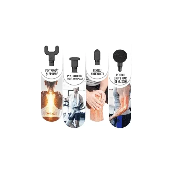 Aparat de Masaj Fascial Gun Profesional – 4 Capete Interșchimbabile, 6 Trepte de Viteză, Funcție Termoterapie, Acumulator 2000mAh