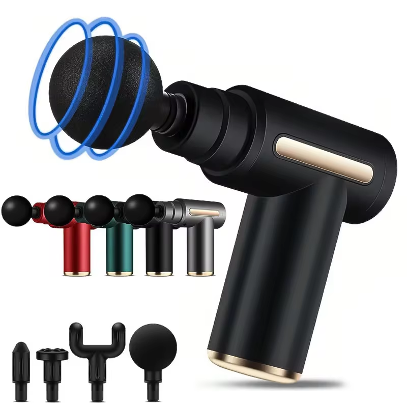Aparat masaj percutie tip pistol profesional, 6 viteze, 4 capete, LCD touch, 3600 rpm, baterie 1800 mAh, USB-C, masaj muscular profund