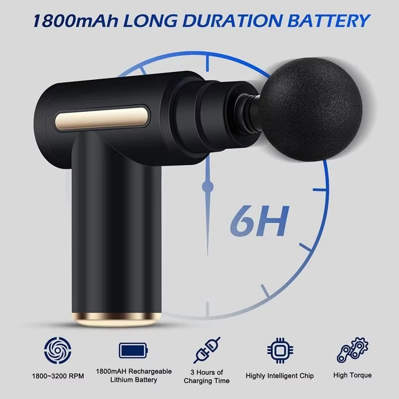 Aparat masaj percutie tip pistol profesional, 6 viteze, 4 capete, LCD touch, 3600 rpm, baterie 1800 mAh, USB-C, masaj muscular profund