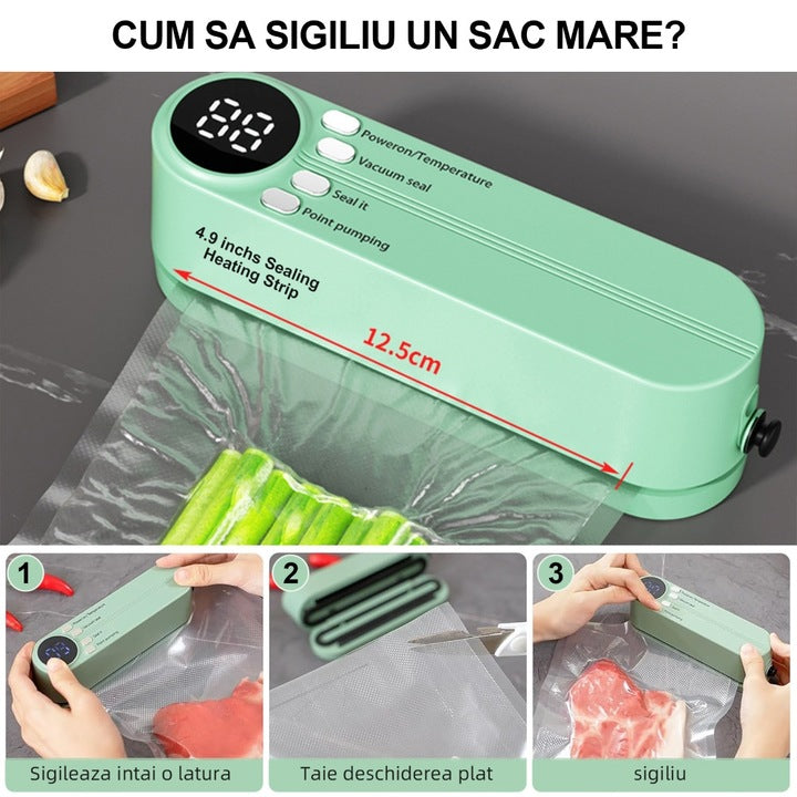 Aparat de Vidat și Sigilat Portabil 3 în 1 – 60kPa, Reîncărcabil, 30 cm, Digital LED, Vidare Umedă/Uscată, Pungi Incluse, Verde