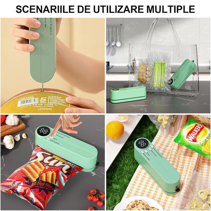 Aparat de Vidat și Sigilat Portabil 3 în 1 – 60kPa, Reîncărcabil, 30 cm, Digital LED, Vidare Umedă/Uscată, Pungi Incluse, Verde