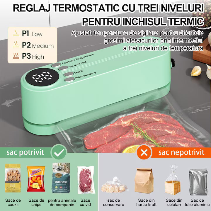 Aparat de Vidat și Sigilat Portabil 3 în 1 – 60kPa, Reîncărcabil, 30 cm, Digital LED, Vidare Umedă/Uscată, Pungi Incluse, Verde
