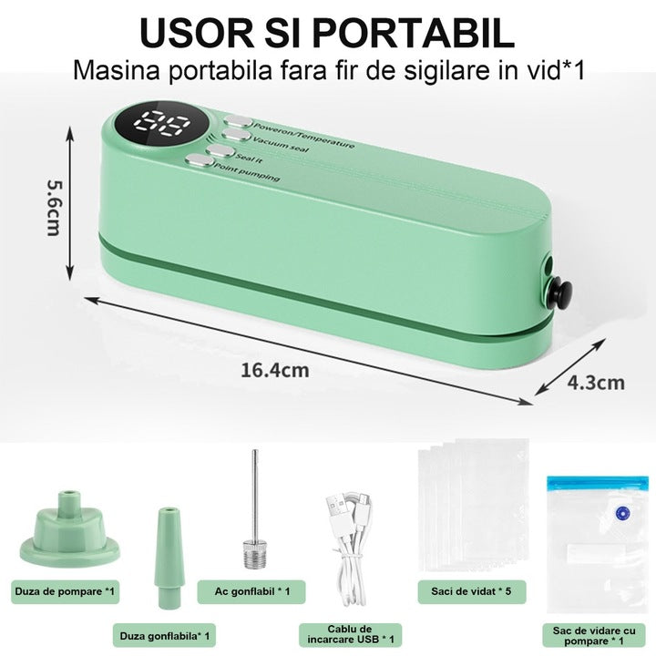 Aparat de Vidat și Sigilat Portabil 3 în 1 – 60kPa, Reîncărcabil, 30 cm, Digital LED, Vidare Umedă/Uscată, Pungi Incluse, Verde