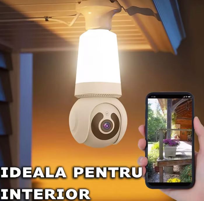 Cameră de supraveghere Wi-Fi tip bec E27 pentru interior, 3MP HD, cu alarmă, detectare mișcare și card 64GB CADOU
