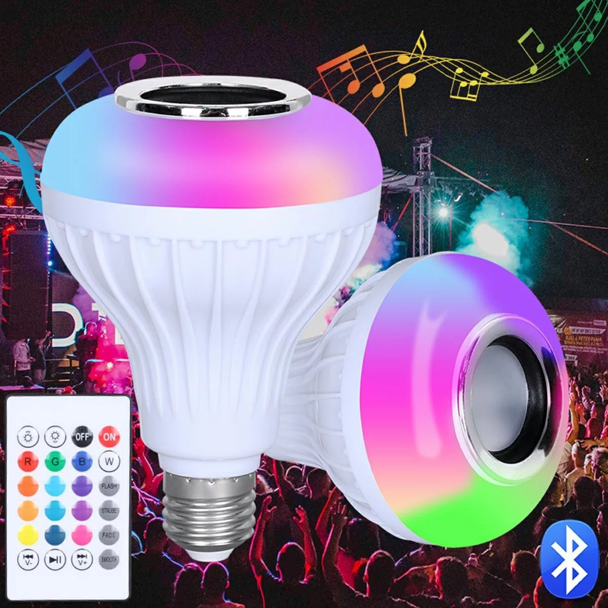 Bec LED RGB cu Difuzor Bluetooth Integrat E27 7W – Lampă Inteligentă cu Telecomandă, Boxă 3W, Iluminare Colorată pentru Petreceri și Ambient