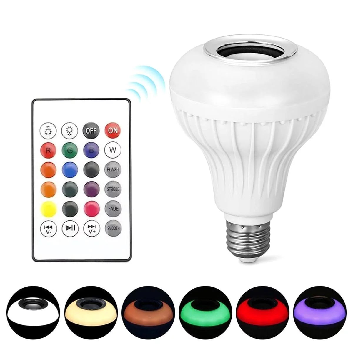 Bec LED RGB cu Difuzor Bluetooth Integrat E27 7W – Lampă Inteligentă cu Telecomandă, Boxă 3W, Iluminare Colorată pentru Petreceri și Ambient