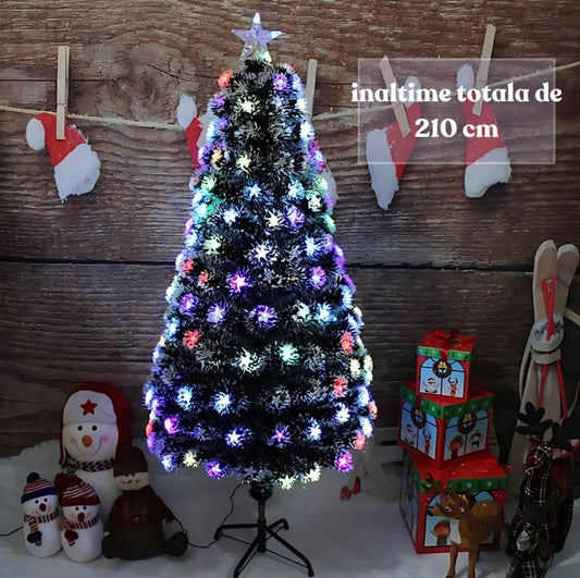 Brad Artificial 210 cm cu Fibră Optică & 240 LED-uri RGB – Aspect Nins, Suport Metalic, Transformator și Vârf Stea | IP20, Verde