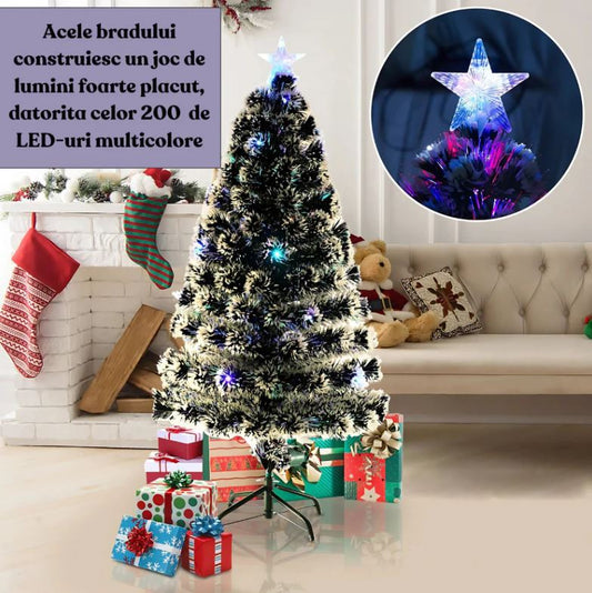 Brad Artificial 180 cm cu Fibră Optică & 200 LED-uri RGB – Aspect Nins, Suport Metalic, Transformator și Vârf Stea Incluse