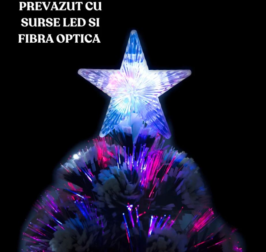 Brad Artificial 180 cm cu Fibră Optică & 200 LED-uri RGB – Aspect Nins, Suport Metalic, Transformator și Vârf Stea Incluse