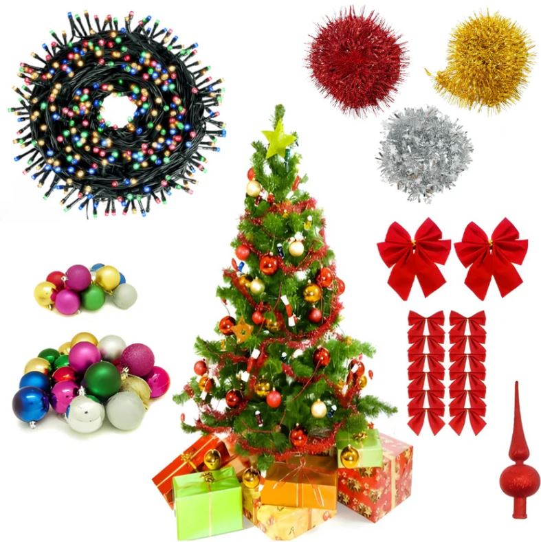 Brad Artificial Premium 180 cm cu 45 Ornamente & Instalație LED 10 m – Suport Metalic Inclus | Brad Complet pentru Crăciun