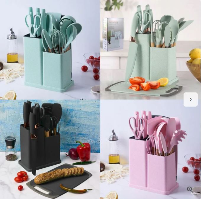 Set ustensile bucătărie 19 piese, silicon alimentar & lemn, termorezistente, antiaderente, cu suport blat