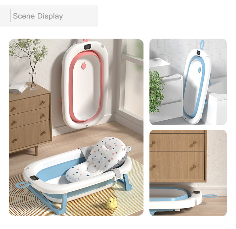 Cadita Pliabila pentru Bebelusi Premium cu Termometru Electronic si Picioare Antiderapante, Silicon + ABS, Fara BPA, Multifunctionala, Economisire Spatiu