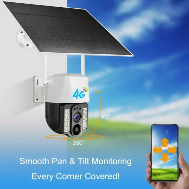 Cameră Solară de Securitate 3MP V380 4G cu Slot SIM – PTZ 355°, Night Vision Color, Detectare Inteligentă Mișcare, Tracking Automat, IP66, Interior/Exterior, Alb + CARD 64 Gb CADOU