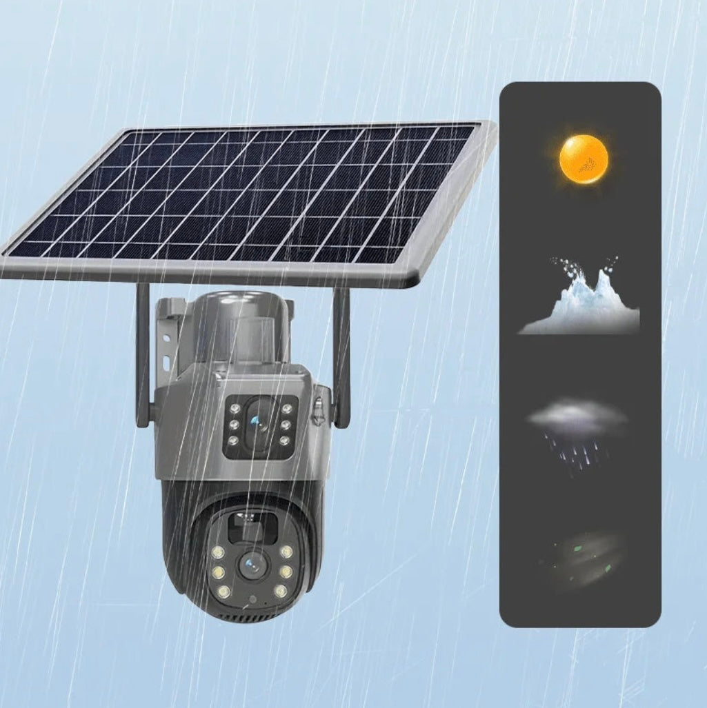 Cameră Supraveghere Visuron 4K cu Panou Solar – Dubla Lentilă, 360°, Zoom 10X + Card 32GB !