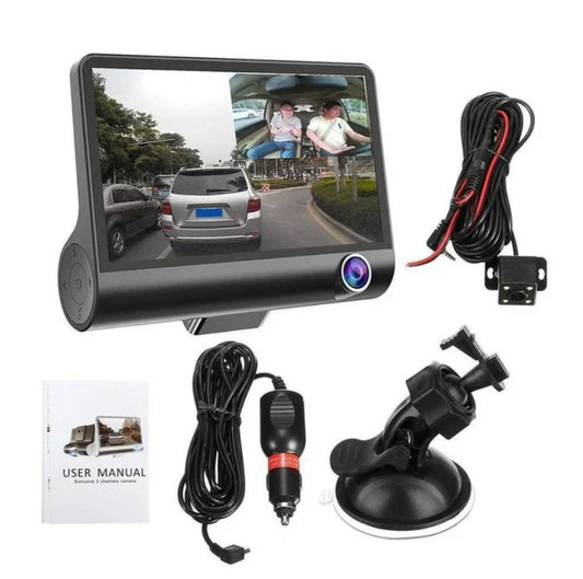 Cameră Auto TRIPLĂ Full HD cu Ecran 4" Touchscreen – Unghi 170°, Camere Față/Spate/Interior, WDR, Funcție Parcare