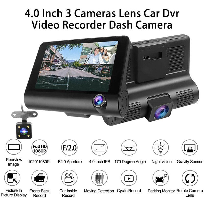 Cameră Auto TRIPLĂ Full HD cu Ecran 4" Touchscreen – Unghi 170°, Camere Față/Spate/Interior, WDR, Funcție Parcare