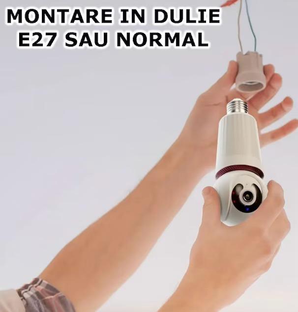 Cameră de supraveghere Wi-Fi tip bec E27 pentru interior, 3MP HD, cu alarmă, detectare mișcare și card 64GB CADOU