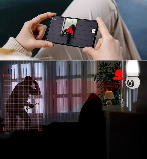 Cameră de supraveghere Wi-Fi tip bec E27 pentru interior, 3MP HD, cu alarmă, detectare mișcare și card 64GB CADOU