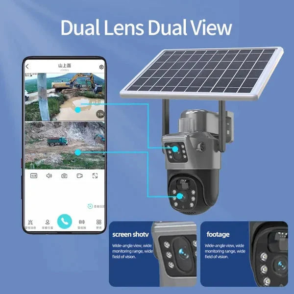 Cameră Supraveghere Visuron 4K cu Panou Solar – Dubla Lentilă, 360°, Zoom 10X + Card 32GB !