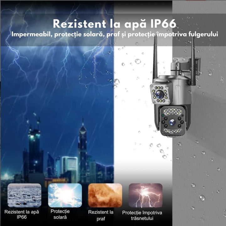 Cameră de Supraveghere WiFi 6MP Dual Lens – Rotire 355°, Vedere Nocturnă Color & IR, Audio Bidirecțional, Detectare Mișcare, IP66, Control Aplicație Android/iOS