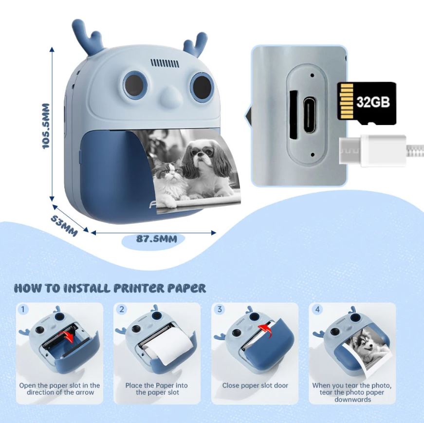 Cameră Foto pentru Copii cu Printare Instant – Aparat Foto Digital cu Imprimantă Termică, Card 32GB, Baterie 1200mAh, Ideal Cadou Copii