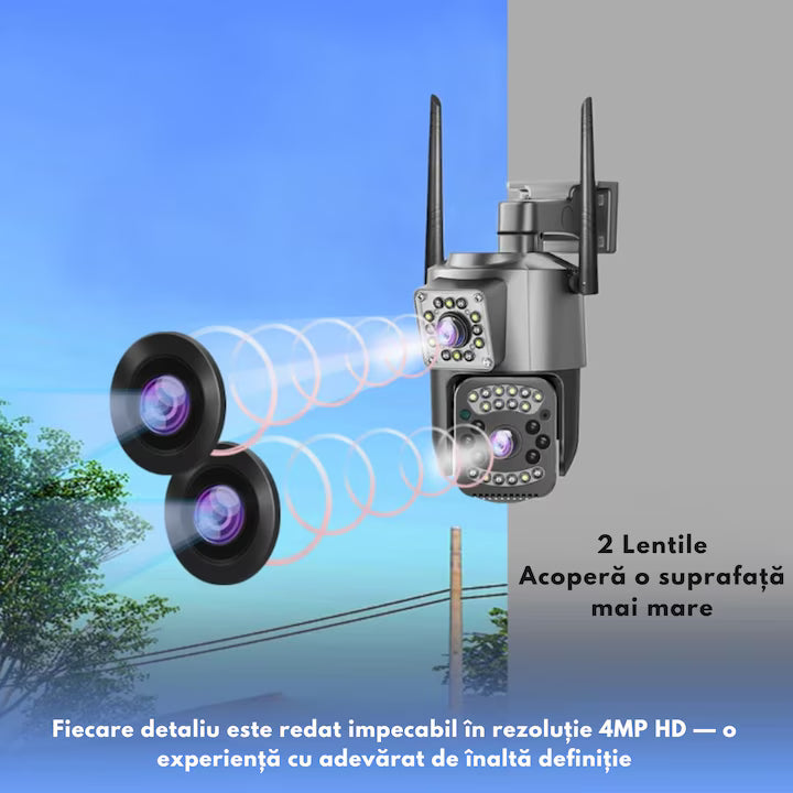 Cameră de Supraveghere WiFi 6MP Dual Lens – Rotire 355°, Vedere Nocturnă Color & IR, Audio Bidirecțional, Detectare Mișcare, IP66, Control Aplicație Android/iOS