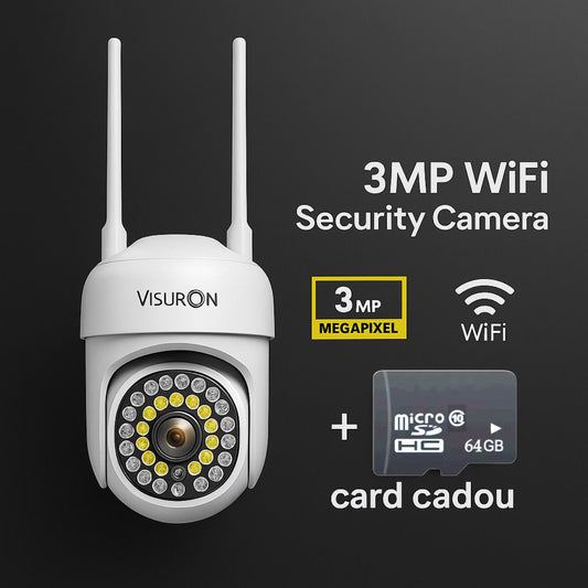 Cameră Supraveghere WiFi 3MP, IP66, PTZ 360°, Night Vision Full Color – Exterior/Interior + Card 64GB CADOU | VISURON