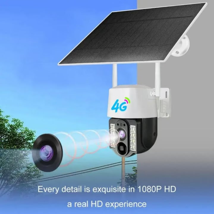 Pachet Doua Camere Solare de Securitate 3MP V380 4G cu Slot SIM – PTZ 355°, Night Vision Color, Detectare Inteligentă Mișcare, Tracking Automat, IP66, Interior/Exterior, Alb + Doua Carduri 64 Gb CADOU