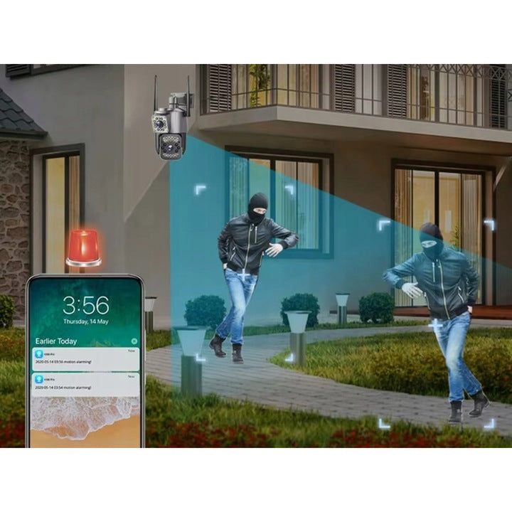 Cameră de Supraveghere WiFi 6MP Dual Lens – Rotire 355°, Vedere Nocturnă Color & IR, Audio Bidirecțional, Detectare Mișcare, IP66, Control Aplicație Android/iOS