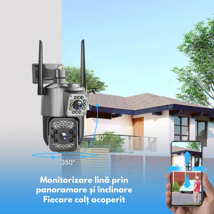 Cameră de Supraveghere WiFi 6MP Dual Lens – Rotire 355°, Vedere Nocturnă Color & IR, Audio Bidirecțional, Detectare Mișcare, IP66, Control Aplicație Android/iOS