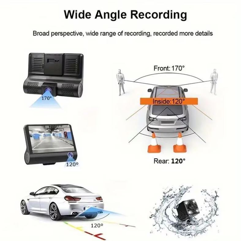 Cameră Auto TRIPLĂ Full HD cu Ecran 4" Touchscreen – Unghi 170°, Camere Față/Spate/Interior, WDR, Funcție Parcare