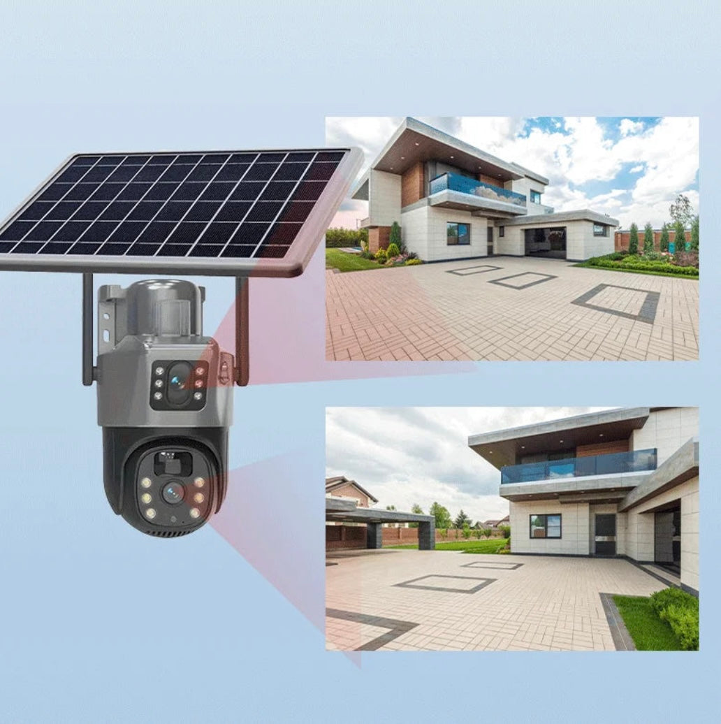 Cameră Supraveghere Visuron 4K cu Panou Solar – Dubla Lentilă, 360°, Zoom 10X + Card 32GB !