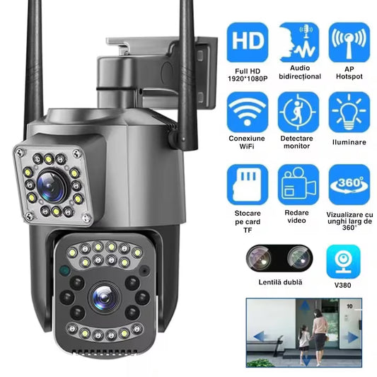 Cameră de Supraveghere WiFi 6MP Dual Lens – Rotire 355°, Vedere Nocturnă Color & IR, Audio Bidirecțional, Detectare Mișcare, IP66, Control Aplicație Android/iOS