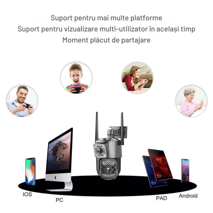 Cameră de Supraveghere WiFi 6MP Dual Lens – Rotire 355°, Vedere Nocturnă Color & IR, Audio Bidirecțional, Detectare Mișcare, IP66, Control Aplicație Android/iOS