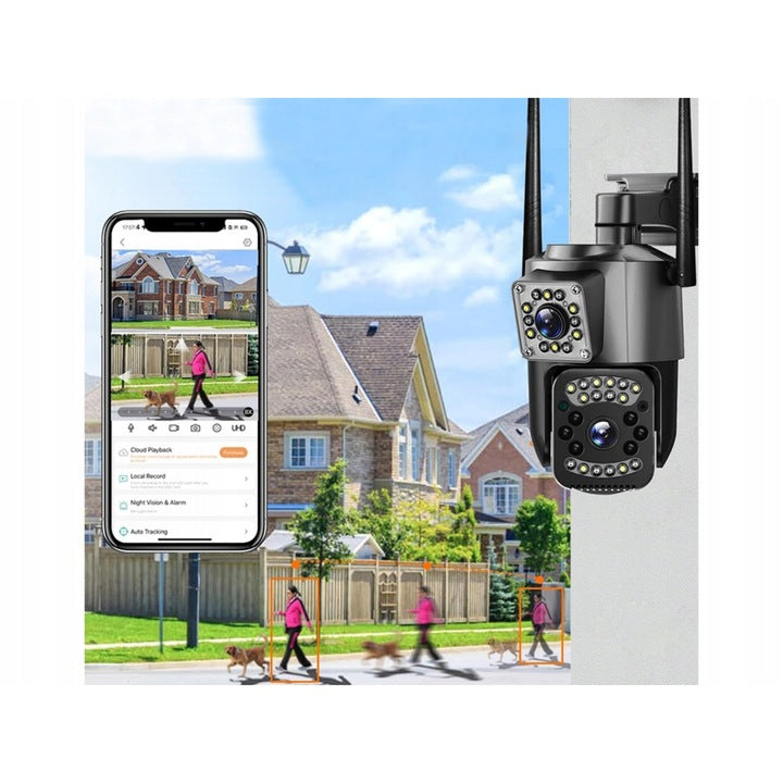 Cameră de Supraveghere WiFi 6MP Dual Lens – Rotire 355°, Vedere Nocturnă Color & IR, Audio Bidirecțional, Detectare Mișcare, IP66, Control Aplicație Android/iOS