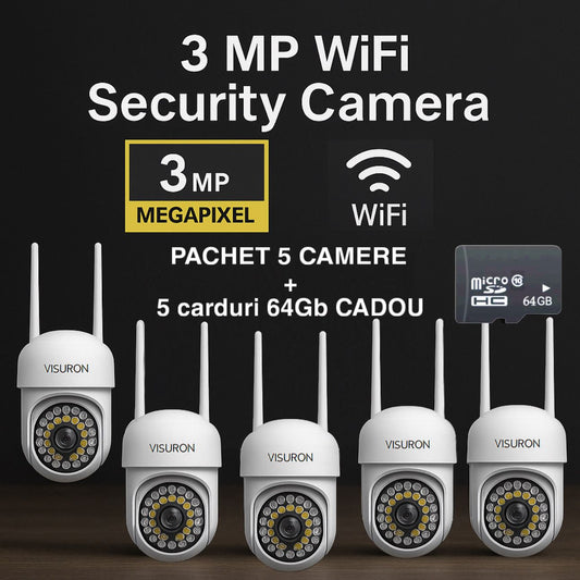 Set 5 Camere Supraveghere WiFi 3MP, IP66, PTZ 360°, Night Vision Full Color – Exterior/Interior + 5 Carduri 64GB CADOU | VISURON