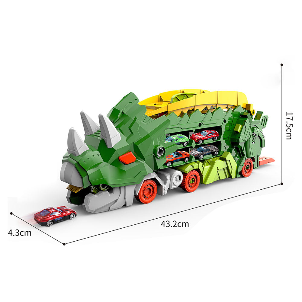 Set Camion Dinozaur Transformabil 2 în 1 cu Rampă de Curse și Mașinuțe – Jucărie Interactivă cu Funcții Multiple, Depozitare Inclusă, 43 cm