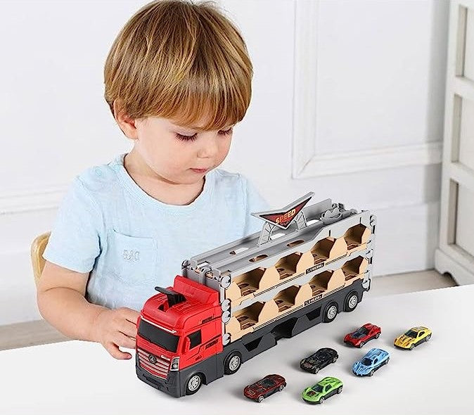 Camion 3în1 cu Catapultă și Pista de Curse – Set Interactiv cu 6 Mașinuțe cu Arcuri pentru Copii 3+