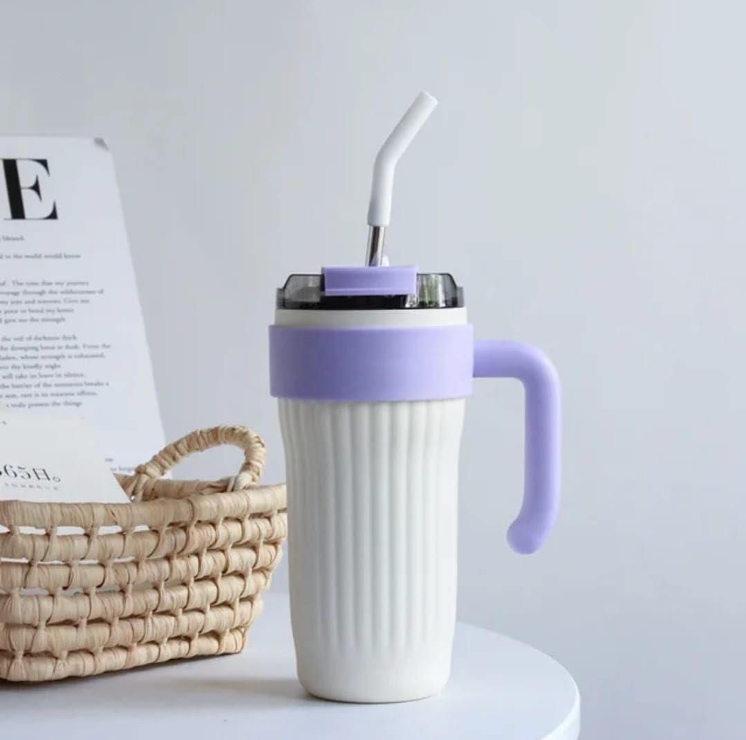 Cană Termos din Inox 860ml cu Dublă Izolație, Pahar Termoizolant cu Mâner, Capac Etanș și Pai, pentru Cafea și Băuturi Reci, Anti Scurgere, Cană de