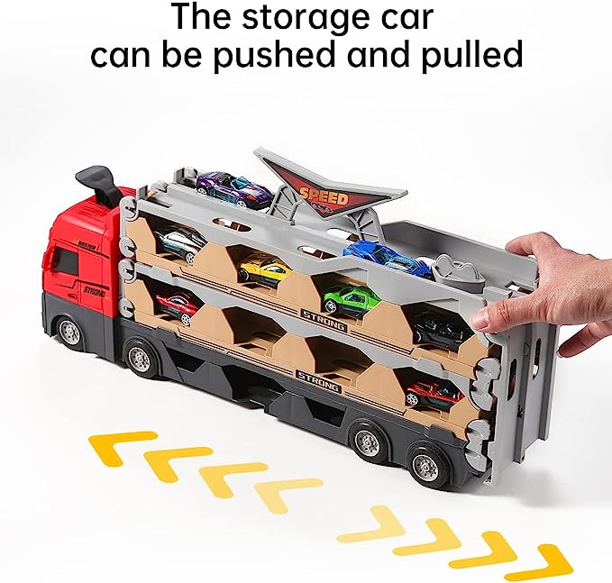 Camion 3în1 cu Catapultă și Pista de Curse – Set Interactiv cu 6 Mașinuțe cu Arcuri pentru Copii 3+