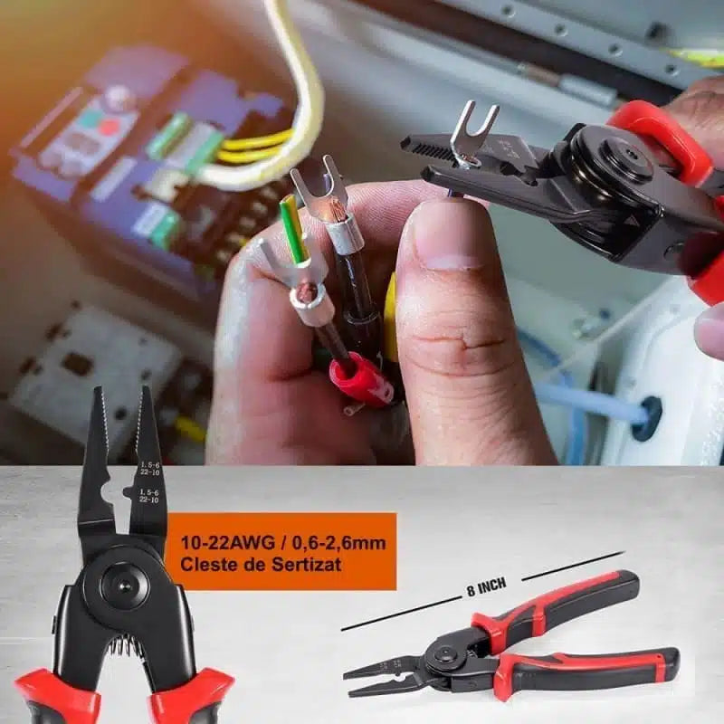 Set Clește Multifuncțional 5 în 1 Profesional – Clește, Foarfecă, Tăietor Cabluri, Sertizare & Decablare, Mâner Anti-Alunecare, Cutie Depozitare