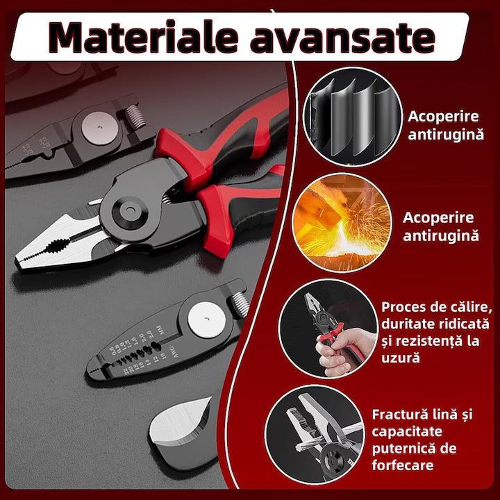 Set Clește Multifuncțional 5 în 1 Profesional – Clește, Foarfecă, Tăietor Cabluri, Sertizare & Decablare, Mâner Anti-Alunecare, Cutie Depozitare