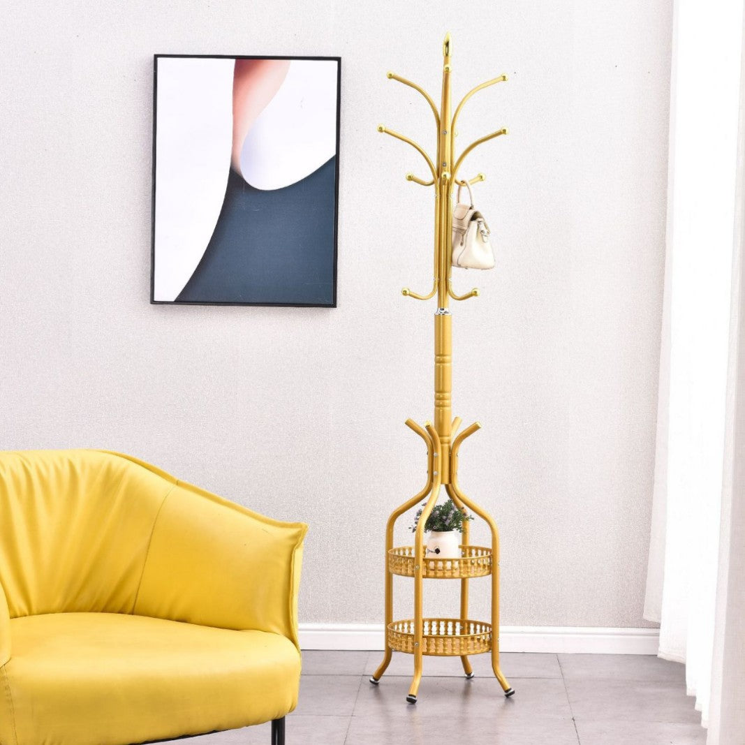 Cuier Modern Metalic Auriu cu Cosuri Depozitare, 185 cm, Tip Hall Tree pentru Hol, Dormitor sau Birou
