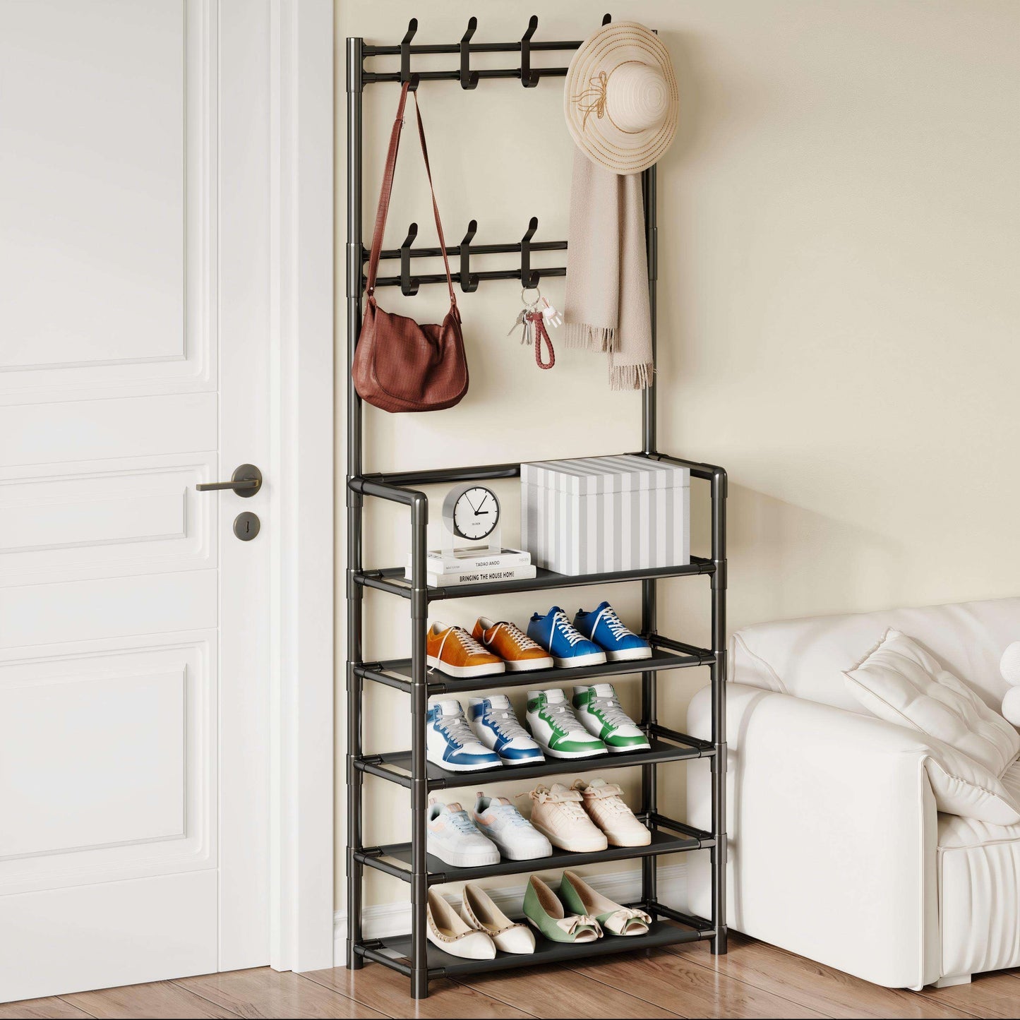 Cuier pentru Haine cu Suport Pantofi și 5 Rafturi, Organizator Metalic Multifuncțional pentru Hol, Dormitor și Dressing, 80x28x170 cm