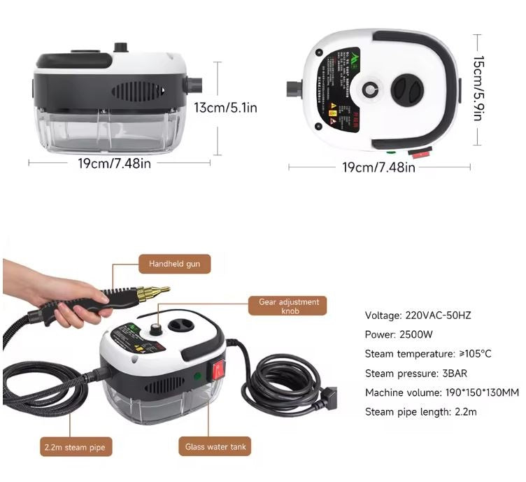 Aparat de Curățat cu Abur Portabil 2500W, 3Bar, Rezervor 1L, Încălzire Rapidă 10s, 6 Trepte Abur, 4 Accesorii, 3 Perii, Alb/Negru, 19×15×13 cm