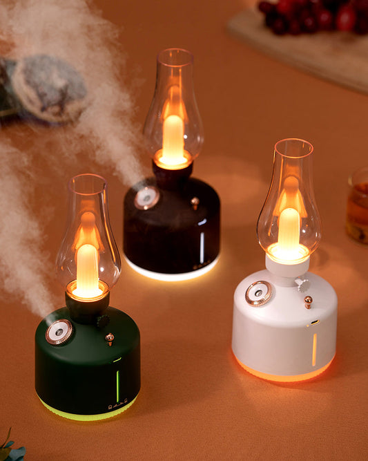 Difuzor de Aromă cu Umidificator Tip Lampă Retro, Lumină Caldă Flacără LED, USB & Baterie – Silențios, 2 Moduri de Ceață, Decor pentru Casă, Birou și