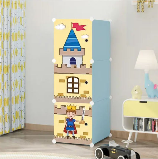 Dulap Modular pentru Copii Little Prince cu 3 Compartimente, Cadru Metalic si Panouri din Plastic, Organizator Haine si Jucarii, 37 x 37 x 111 cm, Albastru