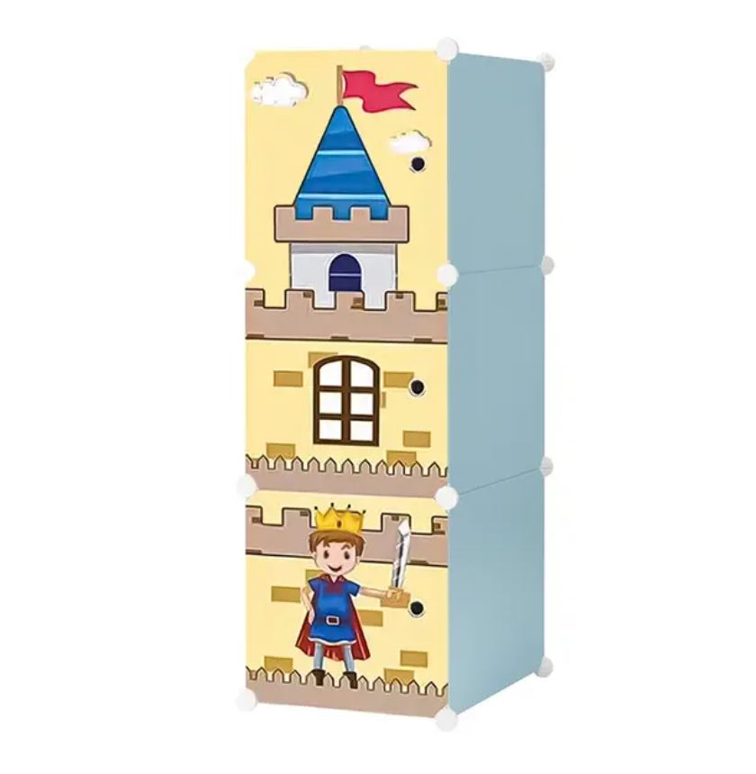 Dulap Modular pentru Copii Little Prince cu 3 Compartimente, Cadru Metalic si Panouri din Plastic, Organizator Haine si Jucarii, 37 x 37 x 111 cm, Albastru